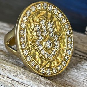 Sheila Fajl 18K Gold CZ Encrusted Hamsa/Evil Eye  Ring Size